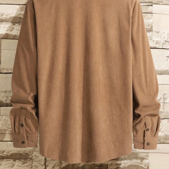 Casual Khaki Corduroy Men's Solid Shirt - Picture 4 of 9